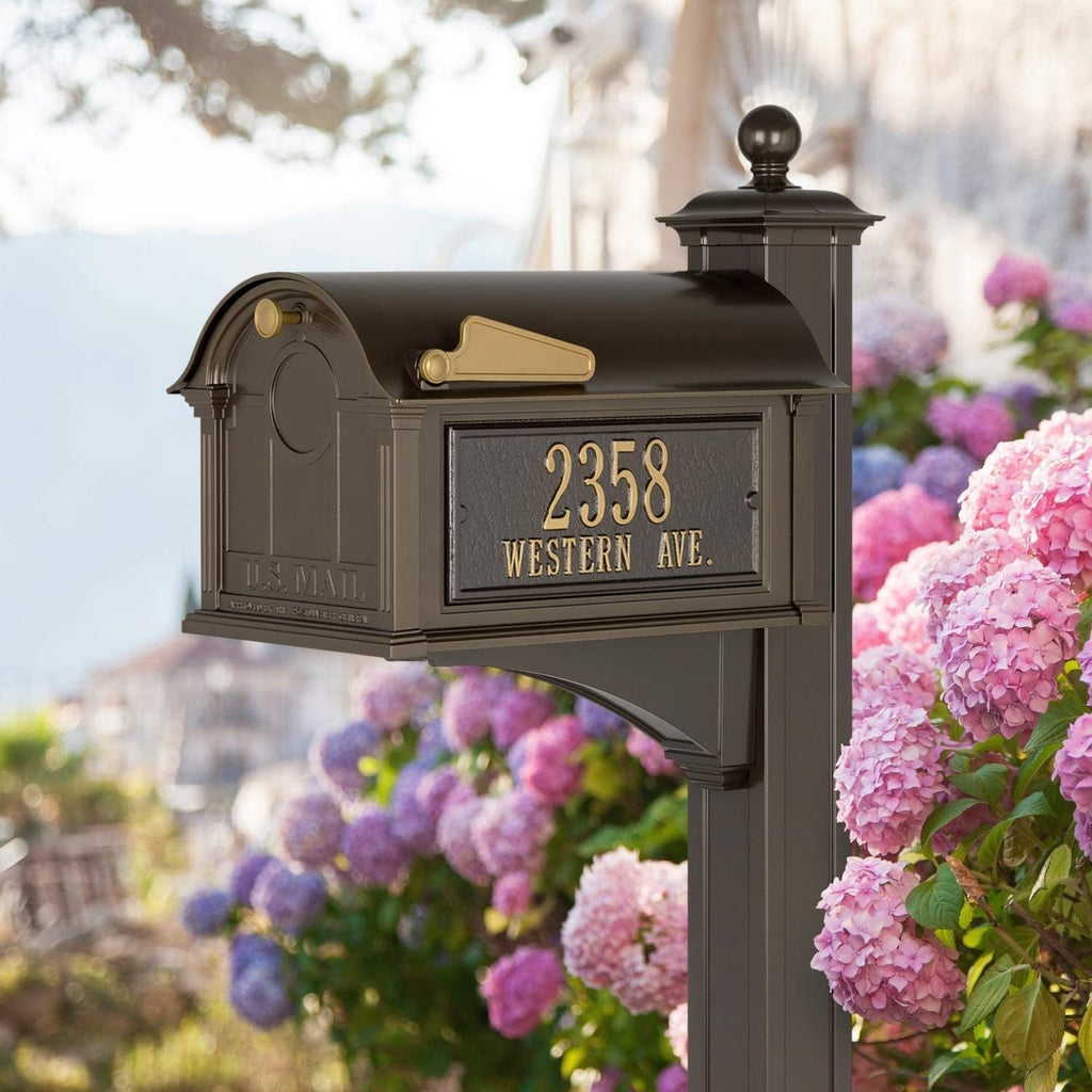 Whitehall Custom Extra Large Mailbox - Balmoral Model with Address Plaques and Side Mount Post Package, Sand Cast Aluminum, Bronze Personalized in Goldtone