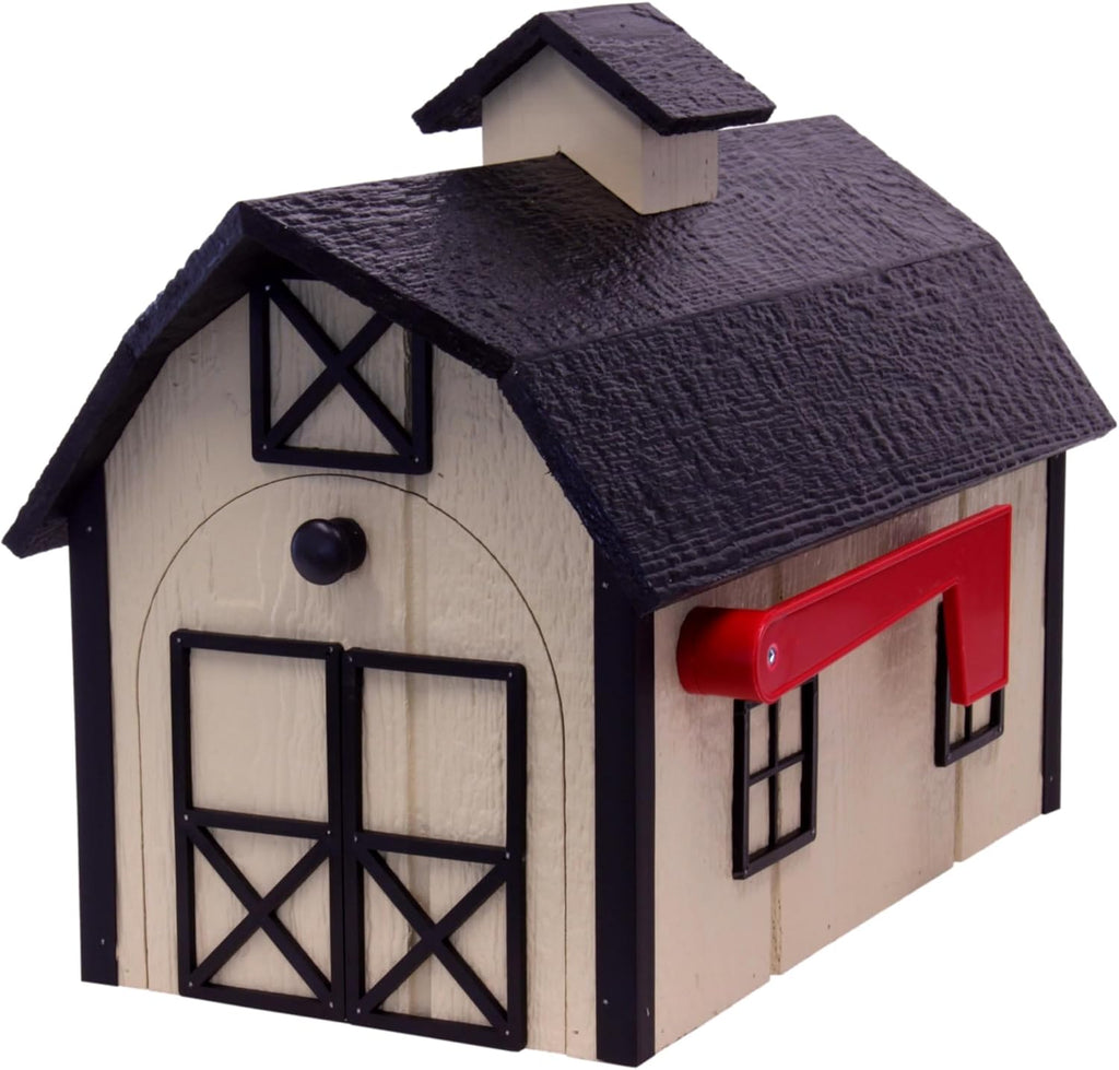Deluxe Wooden Mailbox, Post Mount, Dutch Barn Style (Beige and Black)