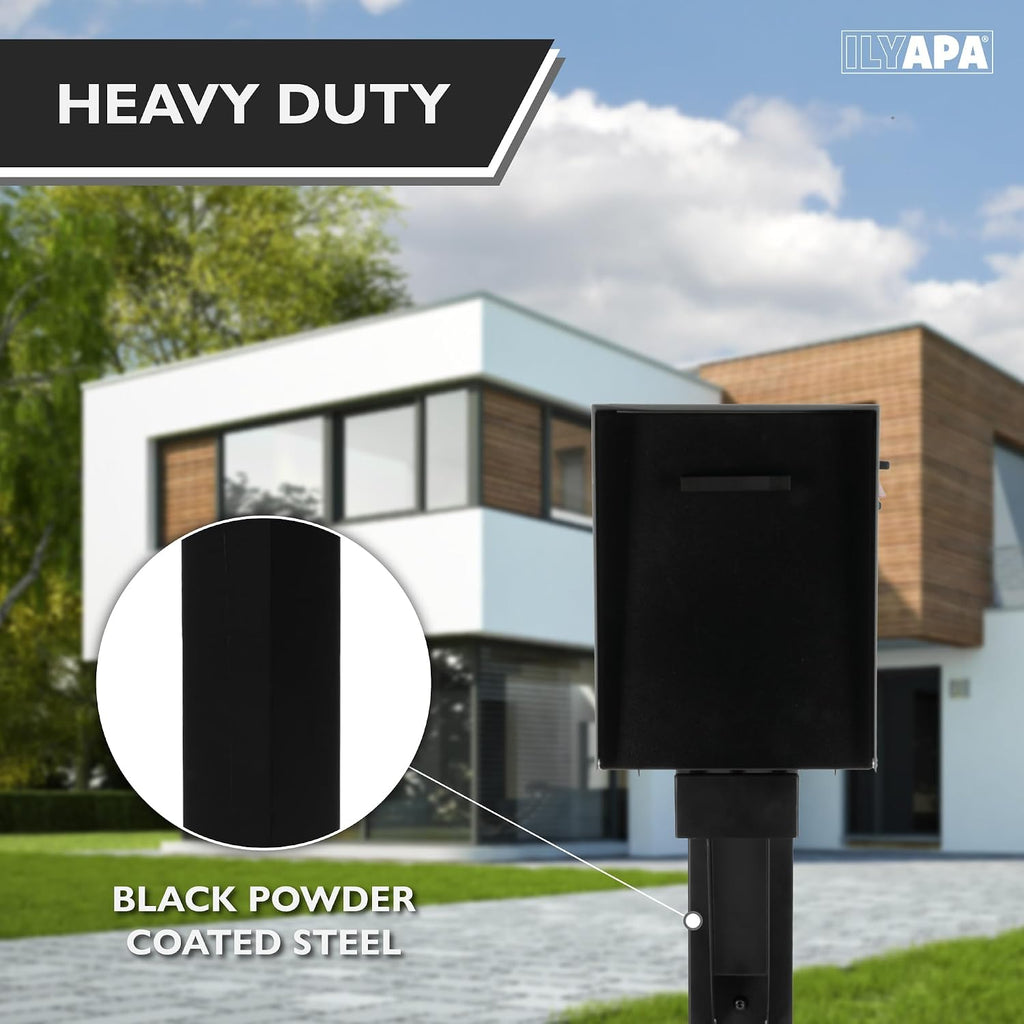 Ilyapa Modern Mailbox & Post: White Steel, Waterproof, Magnetic Door Mailbox with Black Metal Post & Universal Mount for Parcels & Residential Curbside Mail Delivery