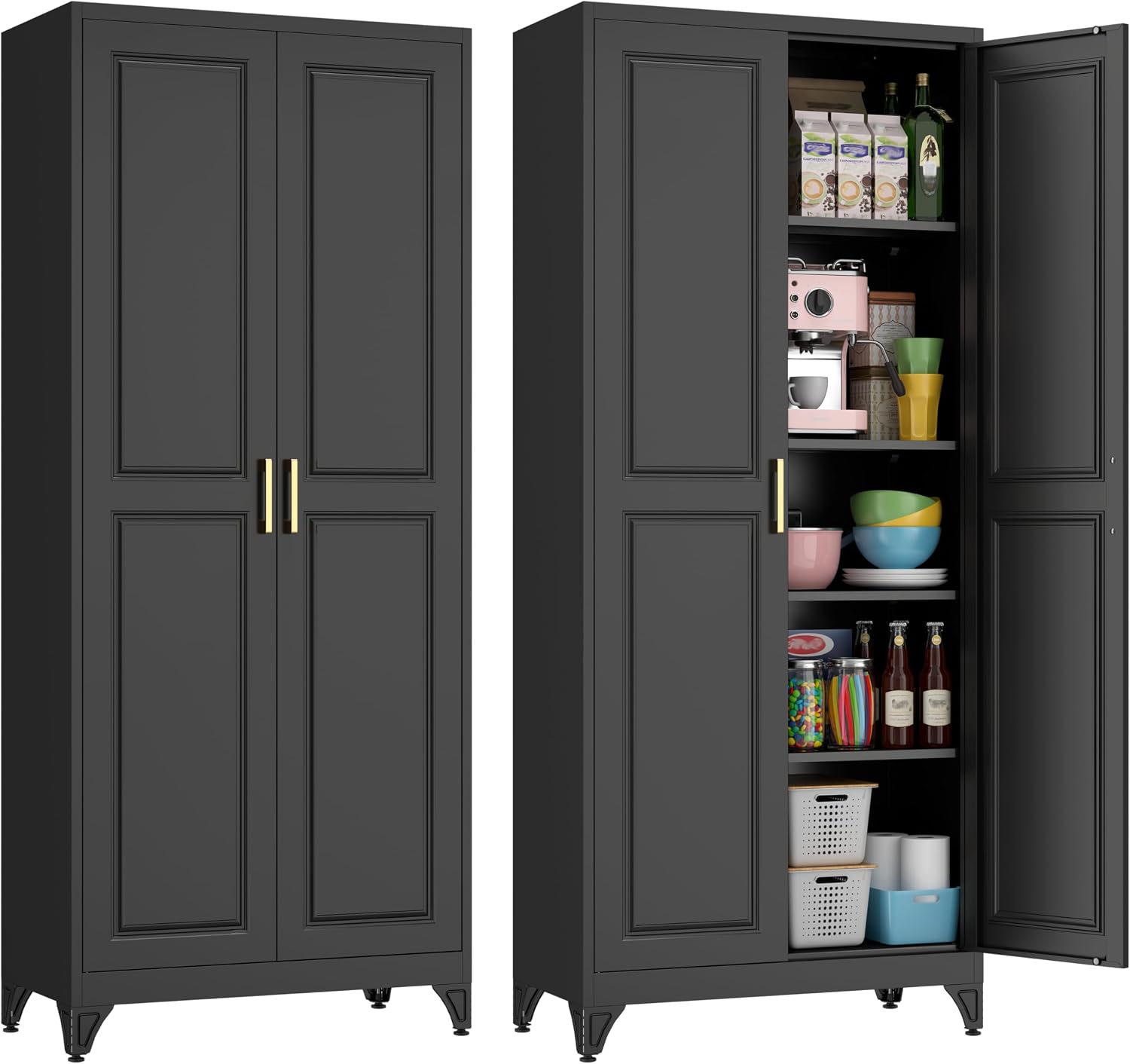 75' Kitchen Pantry Cabinet, Black Metal Storage Cabinets with 2 Doors and 4 Adjustable Shelves, Tall Pantry Storage Cabinet for Kitchen, Dining Room, Living Room
