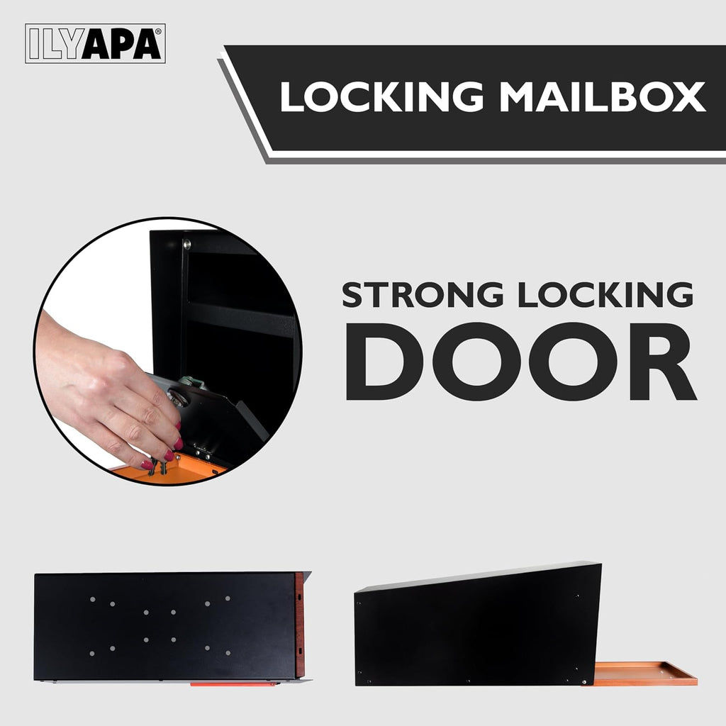 Ilyapa Locking Mailbox with Lock and Key Modern Mailboxes for Outside Post Mount - Black/Wood Powder Coated Steel, All Weather & Corrosion Resistant, Stainless Steel, Angled