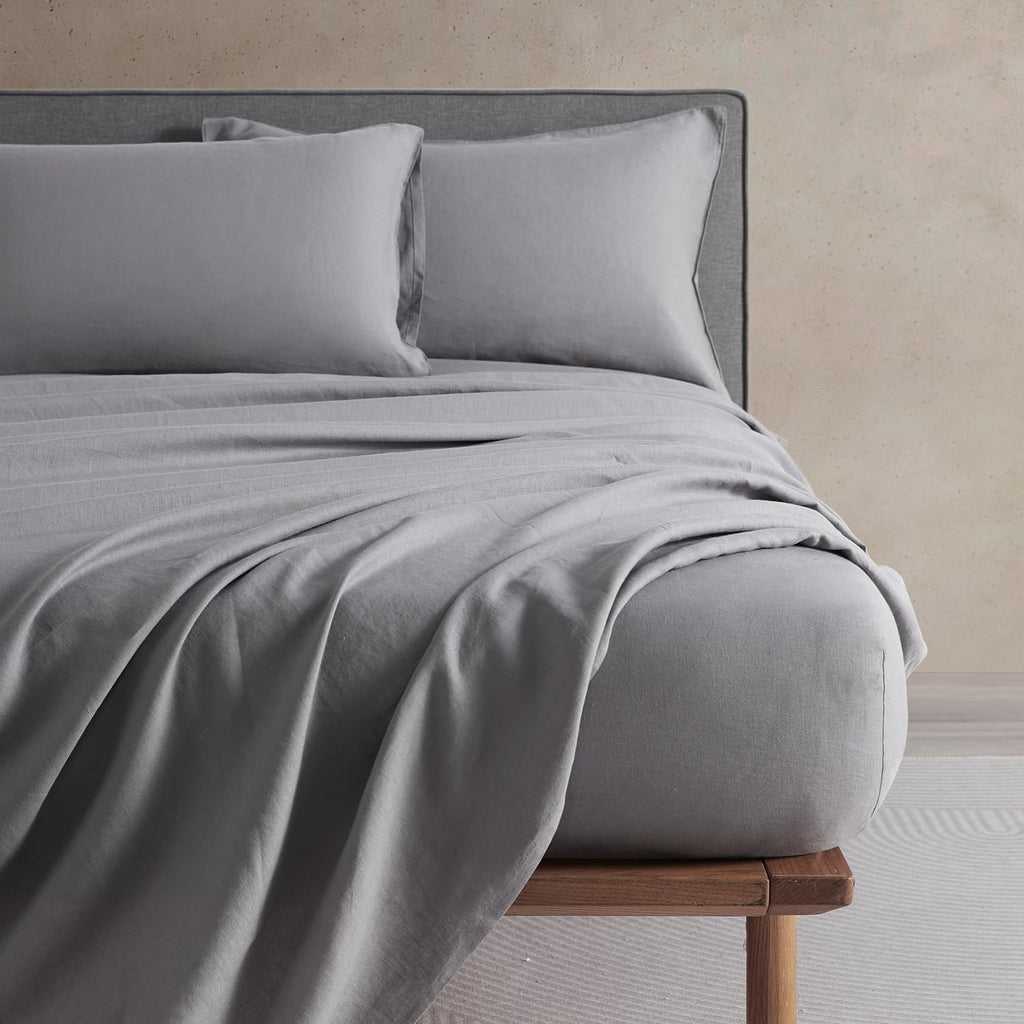 DAPU Pure Linen Sheets Set, 100% French Linen from Normandy, Breathable and Durable for Hot Sleepers, 4 Pcs Set - 1 Flat Sheet, 1 Fitted Sheet, 2 Pillowcases (Earl Gray, Queen)