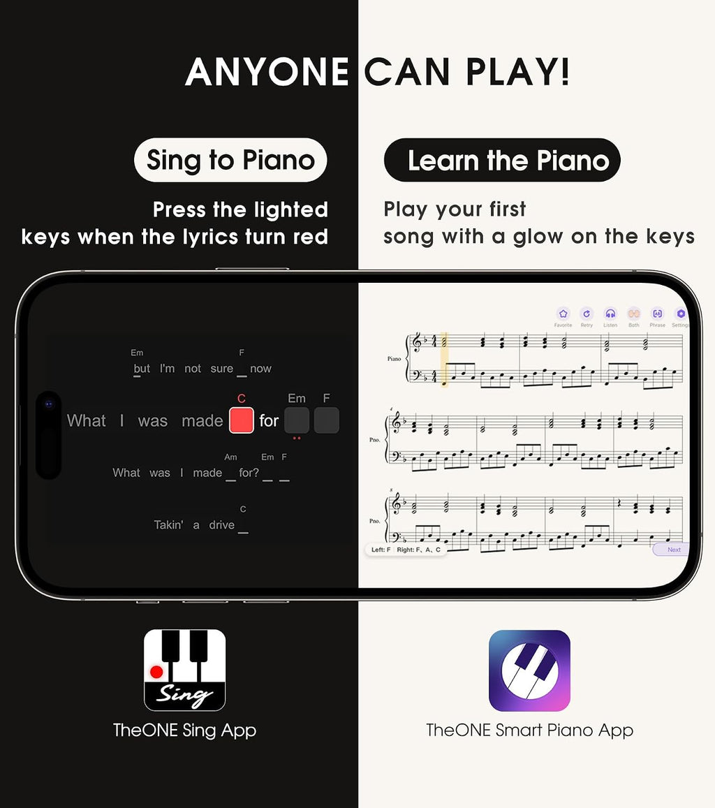 The ONE Keyboard Piano Sing, 61 Keys Piano Keyboard For Singing & Practice with Bluetooth, Record, Sheet Music Stand and Huge Library of Songs for Sing-Along, Piano For Music Lover & Beginner (White)