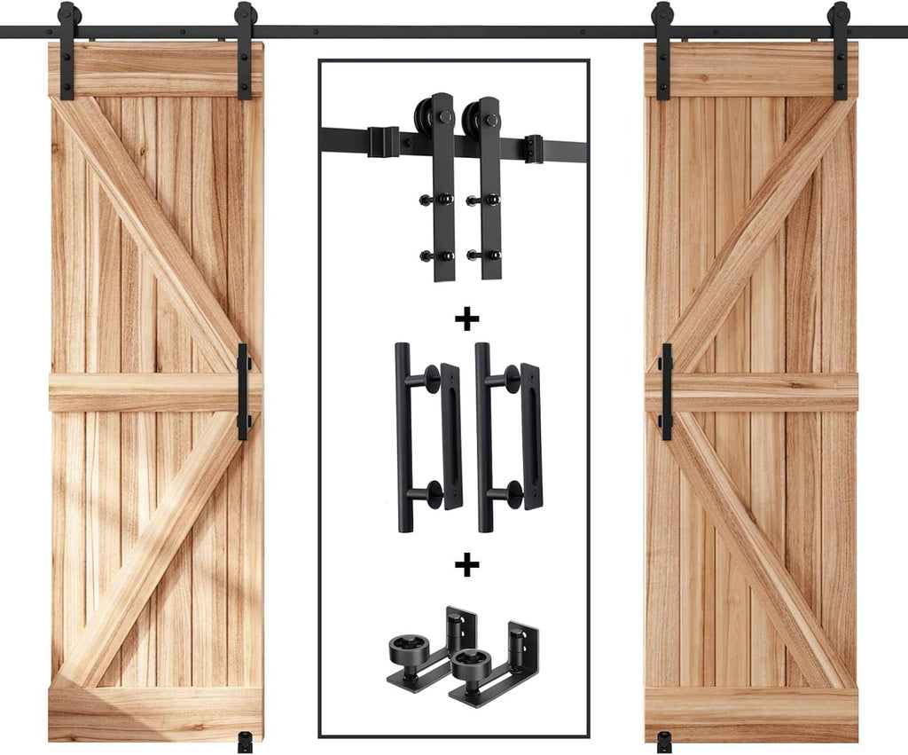 EaseLife 10 FT Double Sliding Barn Door Track and Handle Hardware Kit,Straight Pulley,Slide Smoothly Quietly,Easy Install (10FT Track Kit for 27'~30' Wide Double Door)