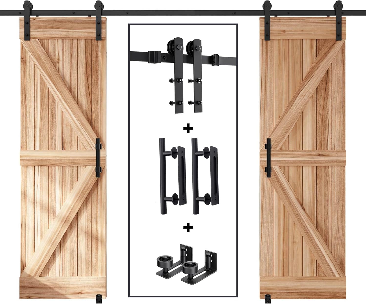 EaseLife 10 FT Double Sliding Barn Door Track and Handle Hardware Kit,Straight Pulley,Slide Smoothly Quietly,Easy Install (10FT Track Kit for 27'~30' Wide Double Door)