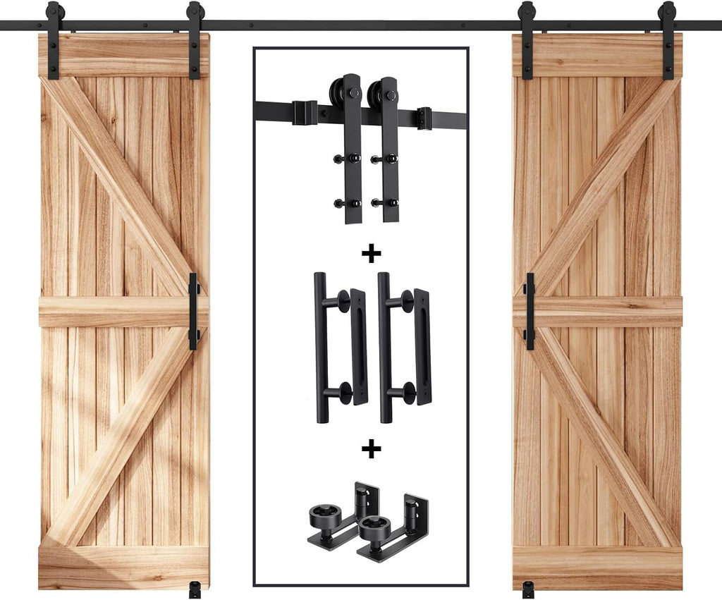 EaseLife 12 FT Double Sliding Barn Door Track and Handle Hardware Kit,Straight Pulley,Slide Smoothly Quietly,Easy Install (12FT Track Kit for 33'~36' Wide Double Door)