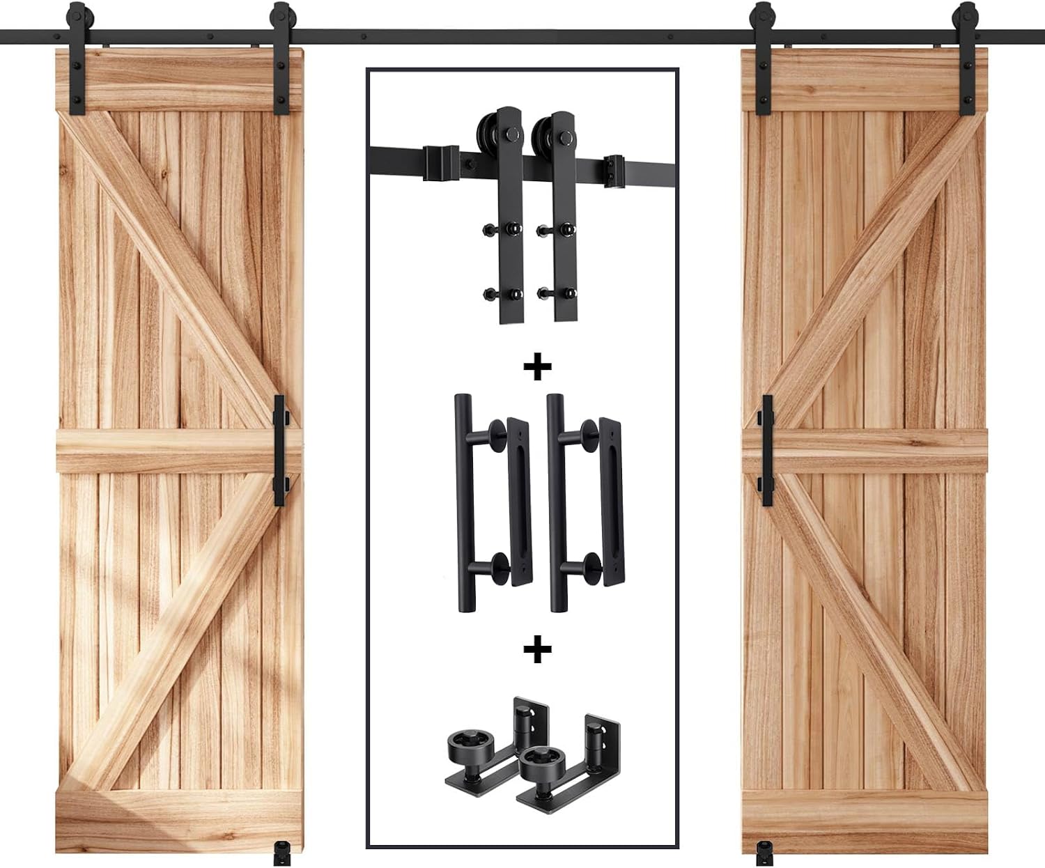 EaseLife 12 FT Double Sliding Barn Door Track and Handle Hardware Kit,Straight Pulley,Slide Smoothly Quietly,Easy Install (12FT Track Kit for 33'~36' Wide Double Door)