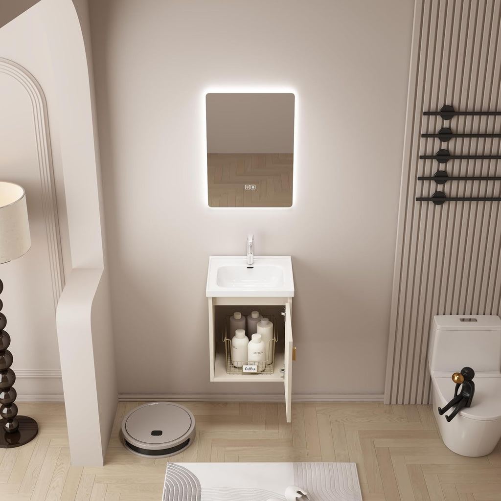 16' Bathroom Vanity Wall Mounted, Small Floating Vanity with Sink Combo, Modern Bathroom Vanity with Soft-Close Drawers, Chrome Faucet, Pop up Drain, P-Trap (Khaki)