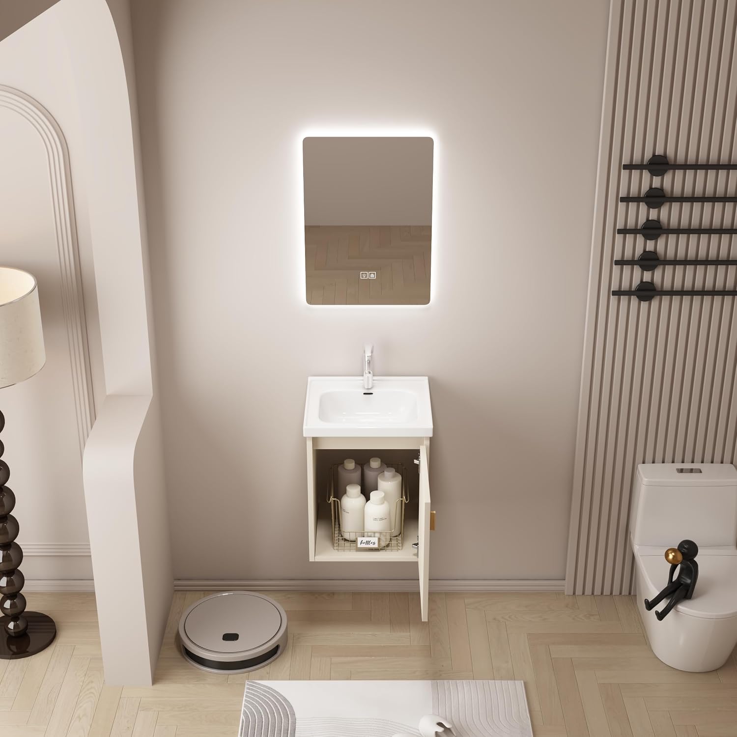 16' Bathroom Vanity Wall Mounted, Small Floating Vanity with Sink Combo, Modern Bathroom Vanity with Soft-Close Drawers, Chrome Faucet, Pop up Drain, P-Trap (Khaki)