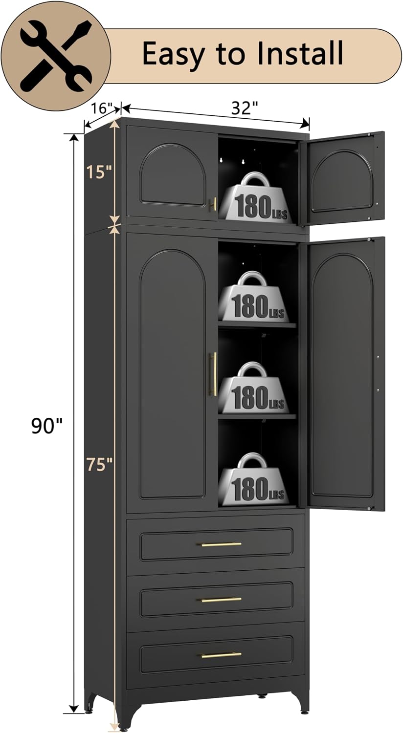 90' Tall Kitchen Pantry Cabinet,Storage Cabinet with Doors and Adjustable Shelves,Modern Kitchen Hutch Cabinets,Freestanding Cupboard for Livingroom Diningroom
