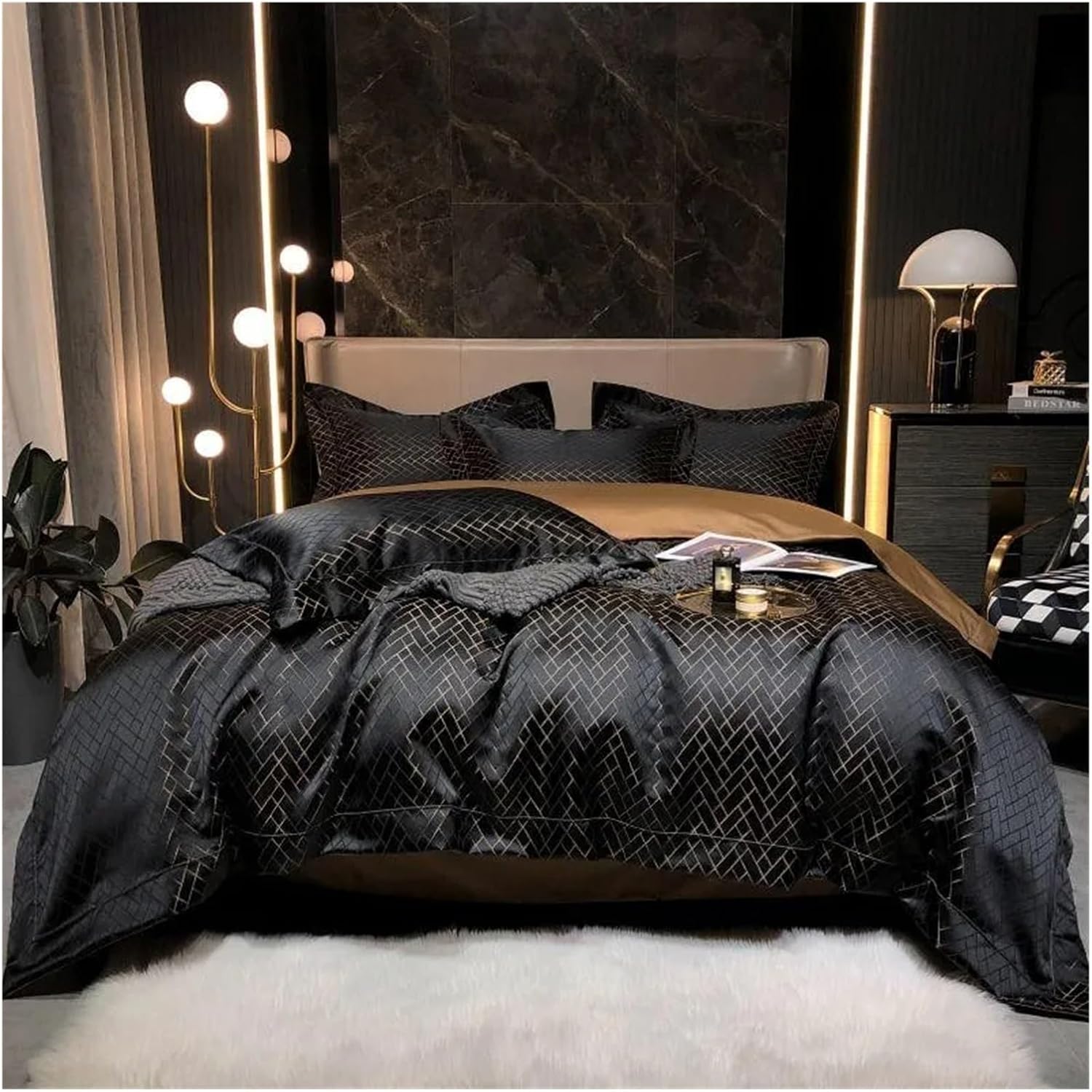 Luxury Black Gold Yarndyed Jacquard Egyptian Cotton Smooth Duvet Cover Queen King Bedding Set Flat Sheet Pillowcases, for All Seasons(Black Gold,Queen)
