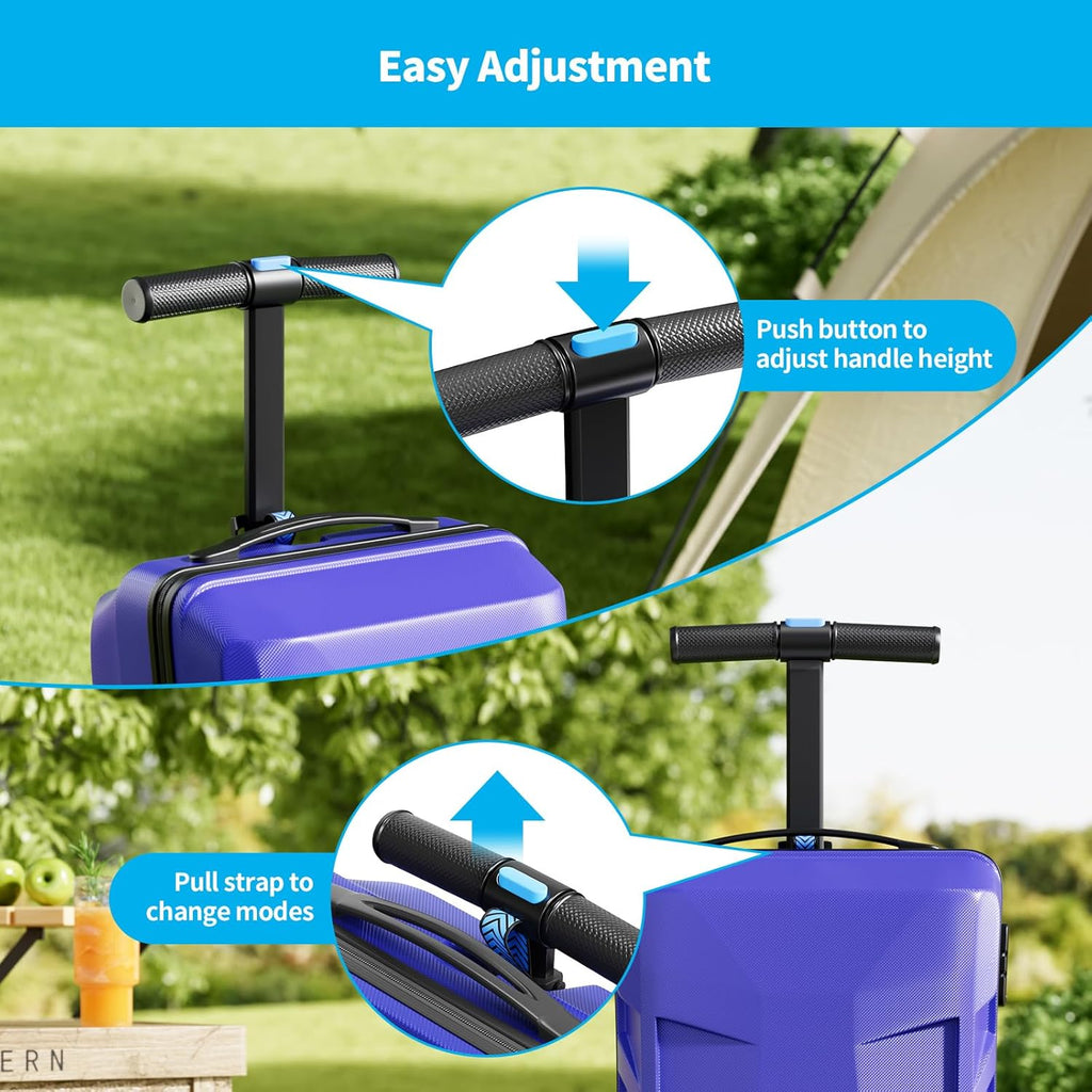 Scooter Suitcase 3-D Hardshell Ride Scooter Luggage for Kids Age 7-15, Cute Lightweight Kids Luggage with Wheels, Girls&Boys Multifunctional Ride On Travel Trolley Scooter Combo-Blue