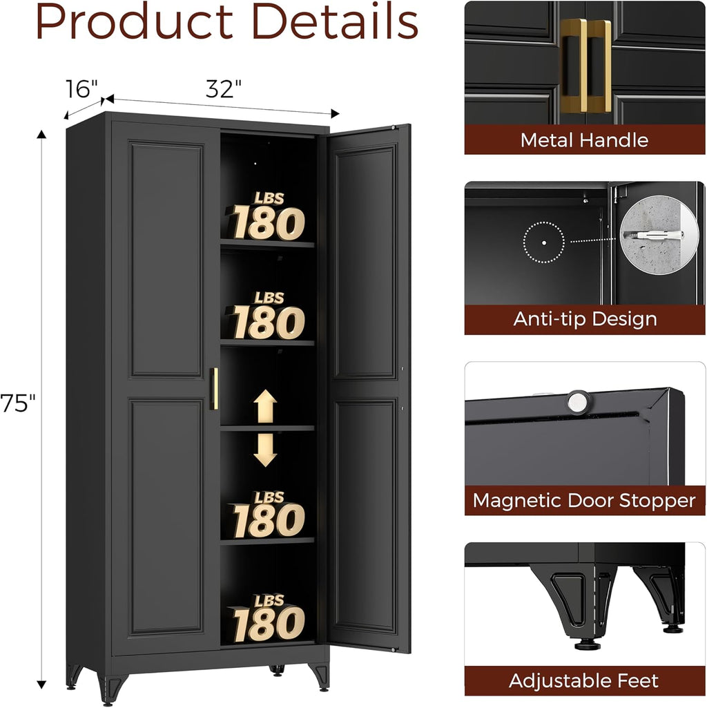 75' Kitchen Pantry Cabinet, Black Metal Storage Cabinets with 2 Doors and 4 Adjustable Shelves, Tall Pantry Storage Cabinet for Kitchen, Dining Room, Living Room
