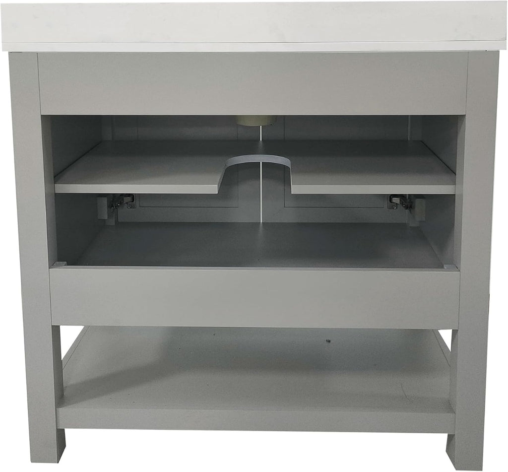 Flash Furniture Vega 30 Inch Bathroom Vanity with Sink Combo, Storage Cabinet with Soft Close Doors and Open Shelf, Carrara Marble Finish Countertop, Gray/White