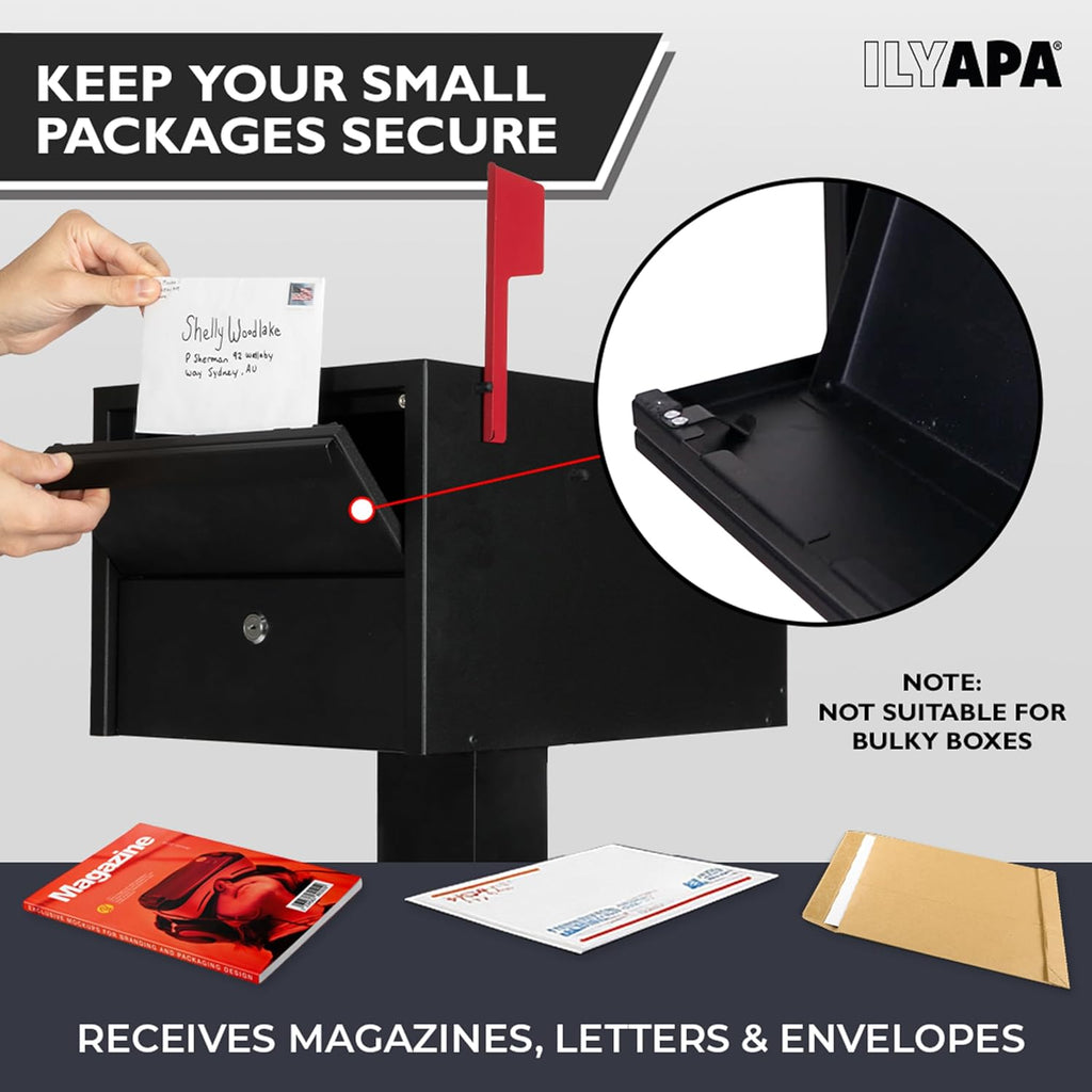 Ilyapa Locking Mailbox with Lock and Key Modern Mailboxes for Outside Post Mount - Black Powder Coated Steel, All Weather & Corrosion Resistant, Stainless Steel, Security