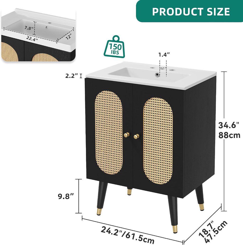 DWVO 24 Inch Rattan Vanity with Sink, Small Freestanding Bathroom Vanity Cabinet, Boho Style with 2 Large Soft-Closing Doors & Four-Sided Water Barrier Strip, Black