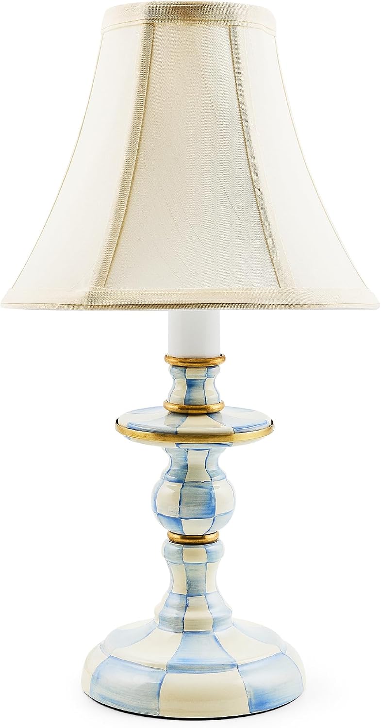 MACKENZIE-CHILDS Candlestick Lamp, Decorative Lamp for Living Room or Bedroom, Light-Blue-and-White Sky Check