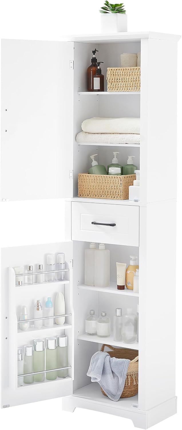 Tall Bathroom Storage Cabinet, Freestanding White Bathroom Accent Storage Cabinet with Built-in Door Shelf & Adjustable Shelves for Home Kitchen, Living Room (White Style4)