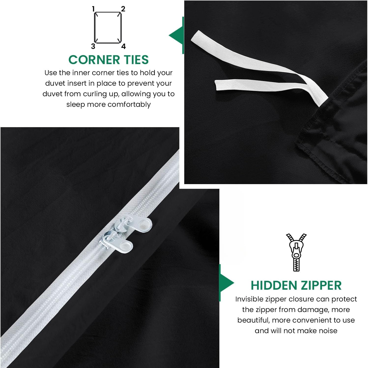 800TC 3 Sided Zipper Duvet Cover Set Soft Egyptian Cotton 3 Sided Zipper Closure, 3 PCS 1-Duvet Cover & 2- Pillow Shams - Oversize Queen Size (98' x 98') Inches, (Solid Black)