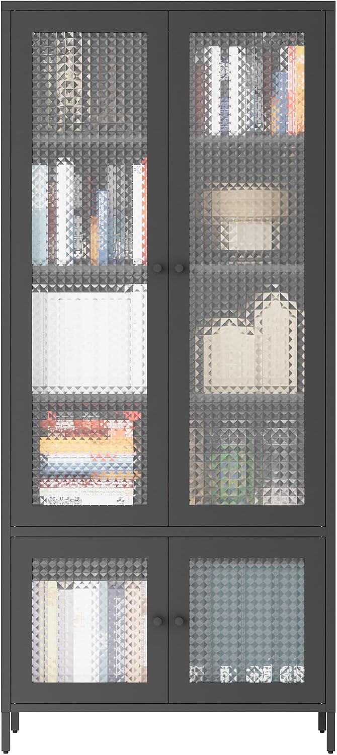 Large Metal Storage Cabinet Display Cabinet with 4 Glass Doors 5 Shelves Side Cabinet Bookcase Freestanding Cabinet for Bedroom Living Room Pantry Home Office - Black, Waffle-Grids Tempered Glass