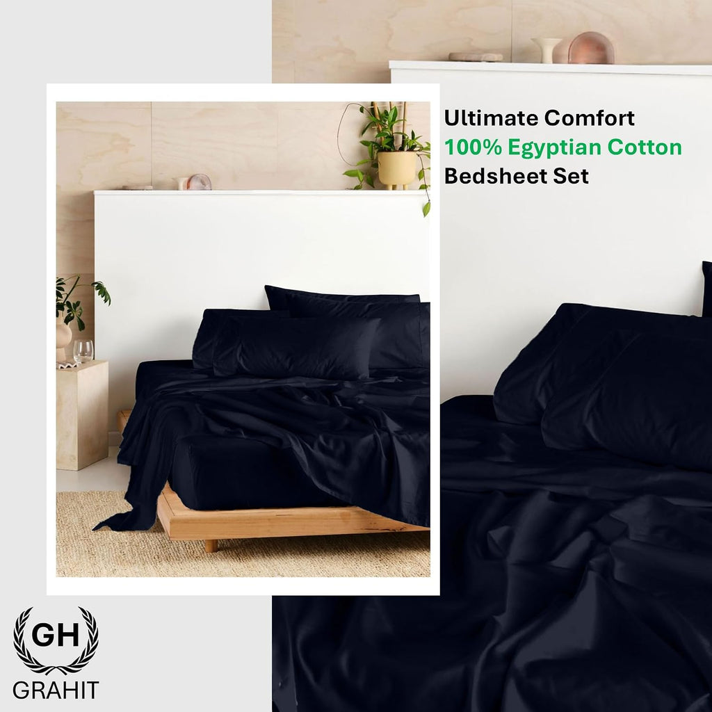 100% Egyptian Long Staple Cotton Bedsheet Set, 800 Thread Count, 6-PC Sheets Set, Navy Blue Color, Queen Size, 15 Inch Deep Pocket of Fitted Sheet, Soft Sateen Weave Breathable