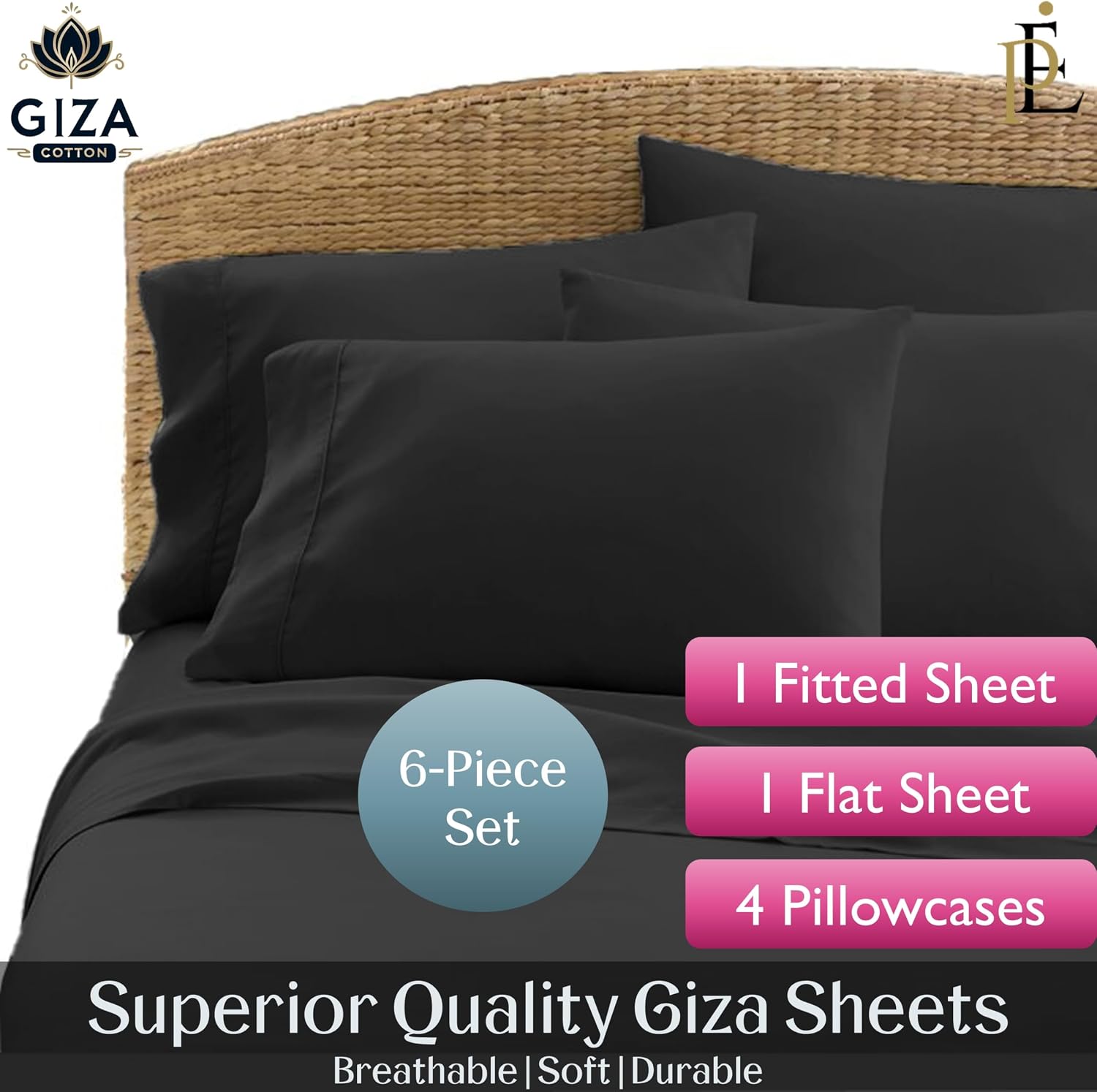 100% Giza Cotton, 1000 Thread Count, 6-PC Bed Sheet Set [Queen Size, Dark Grey Color] 18 inches Deep Pockets, Long Staple Cotton Breathable Soft Silky Sateen Weave