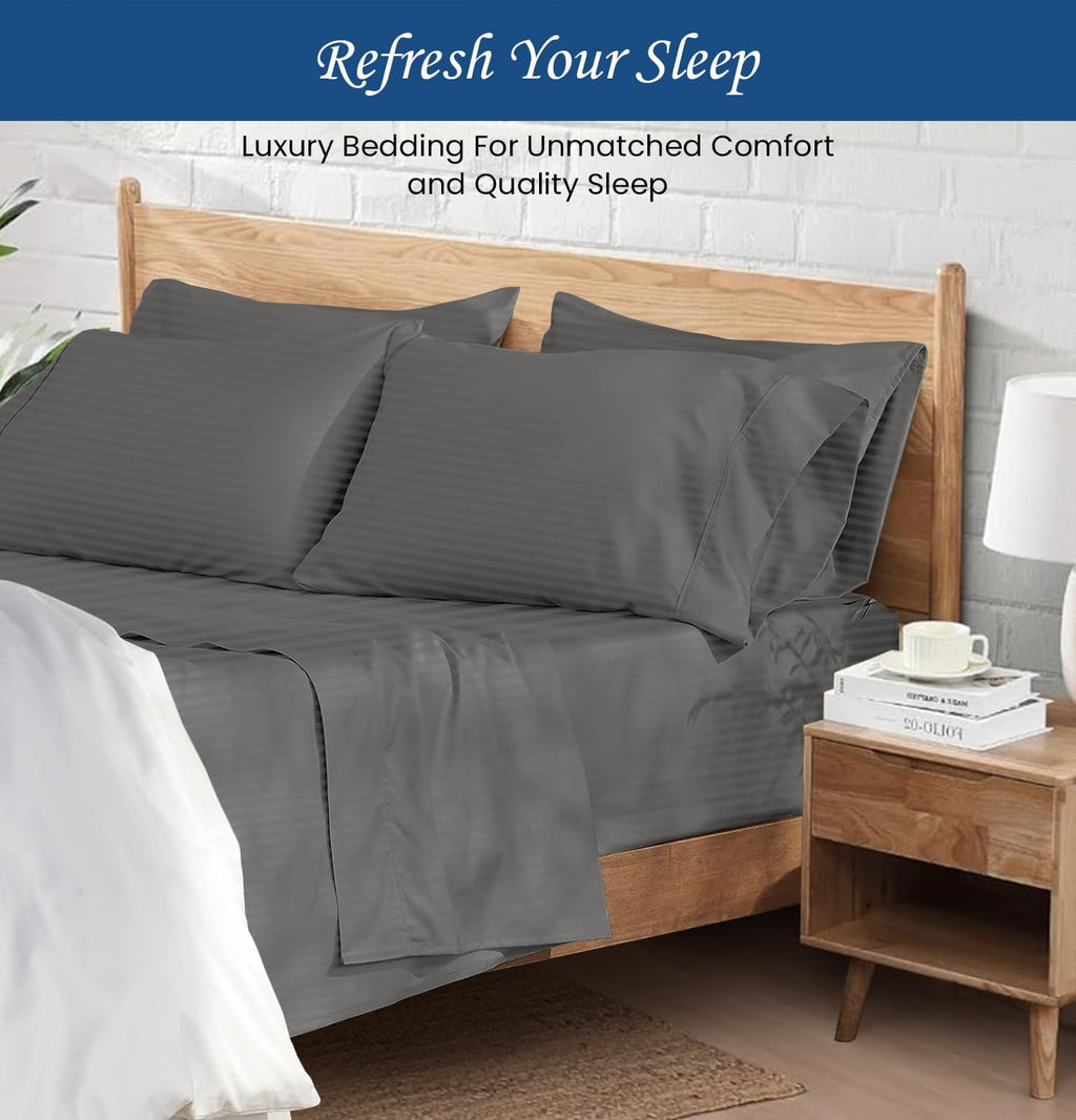 1000 Series - 100% Egyptian Cotton Sheet Set Soft & Comfy Breathable Hotel Quality Luxury Bedding - Fits Mattress Up to 18-20' Deep (Queen Size Stripe, Grey)