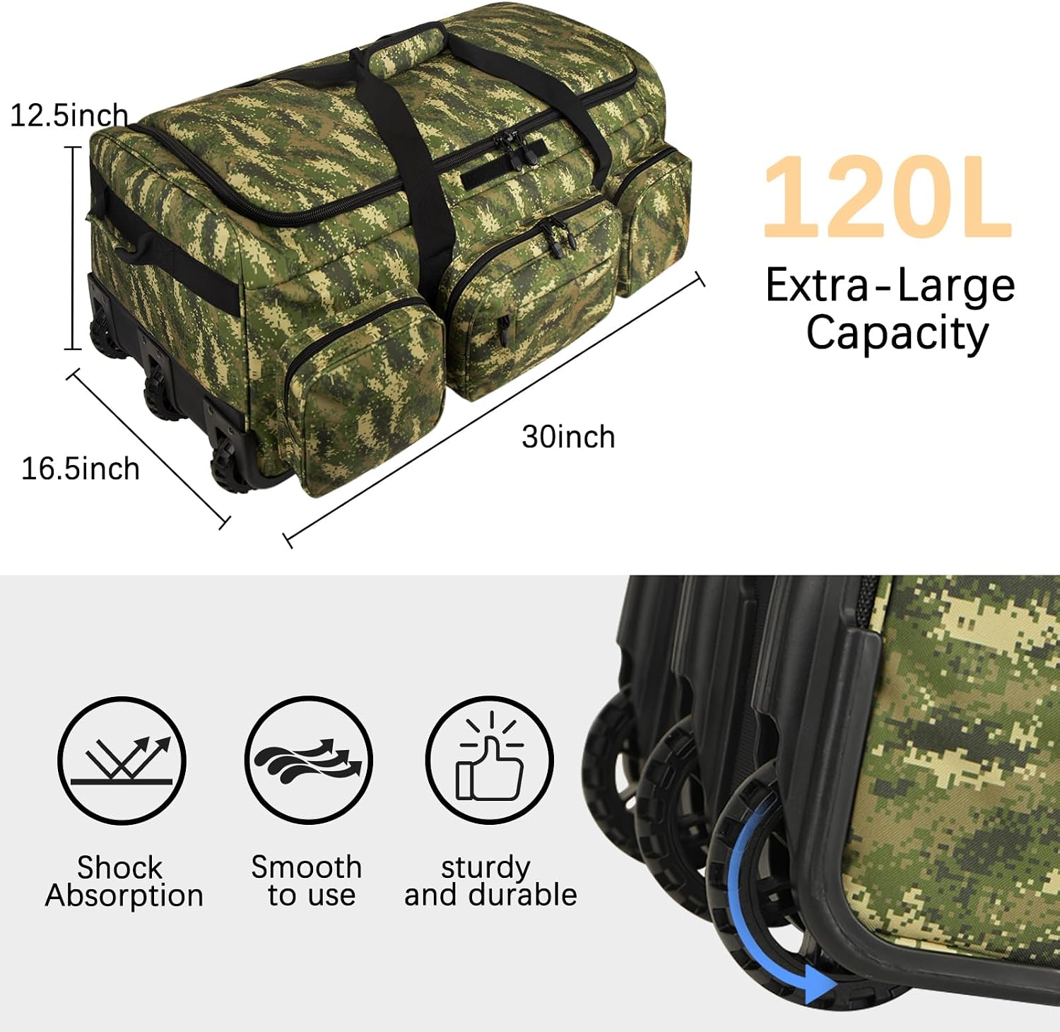 120L 3 Wheel Tactical Rolling Duffle Bag, Heavy Duty Military Deployment Luggage, 900D Waterproof Duffel for Camping Travel Outdoor Sports