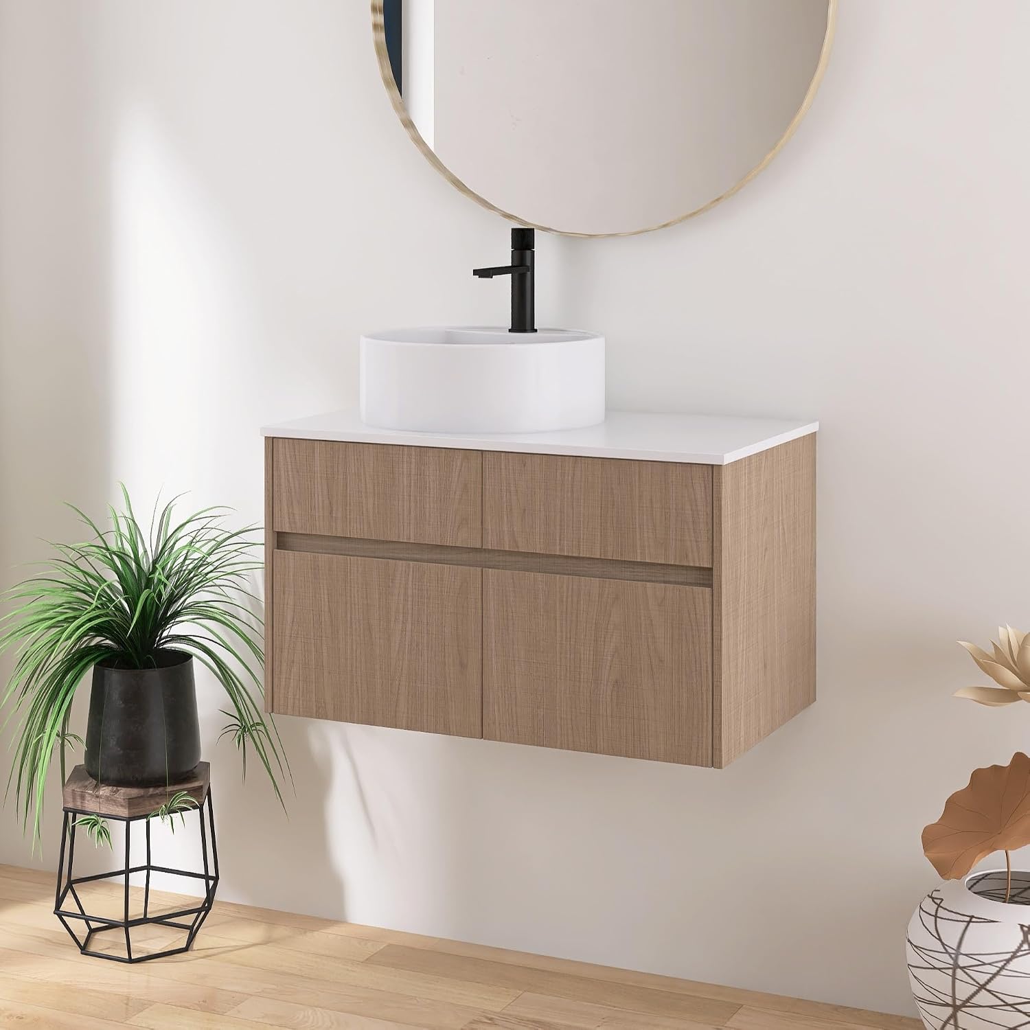32 Inch Floating Bathroom Vanity with Sink, Modern Wall Mounted Cabinet, Ceramic Vessel Basin, 2 Soft Close Doors and 2 Drawer, Light Walnut