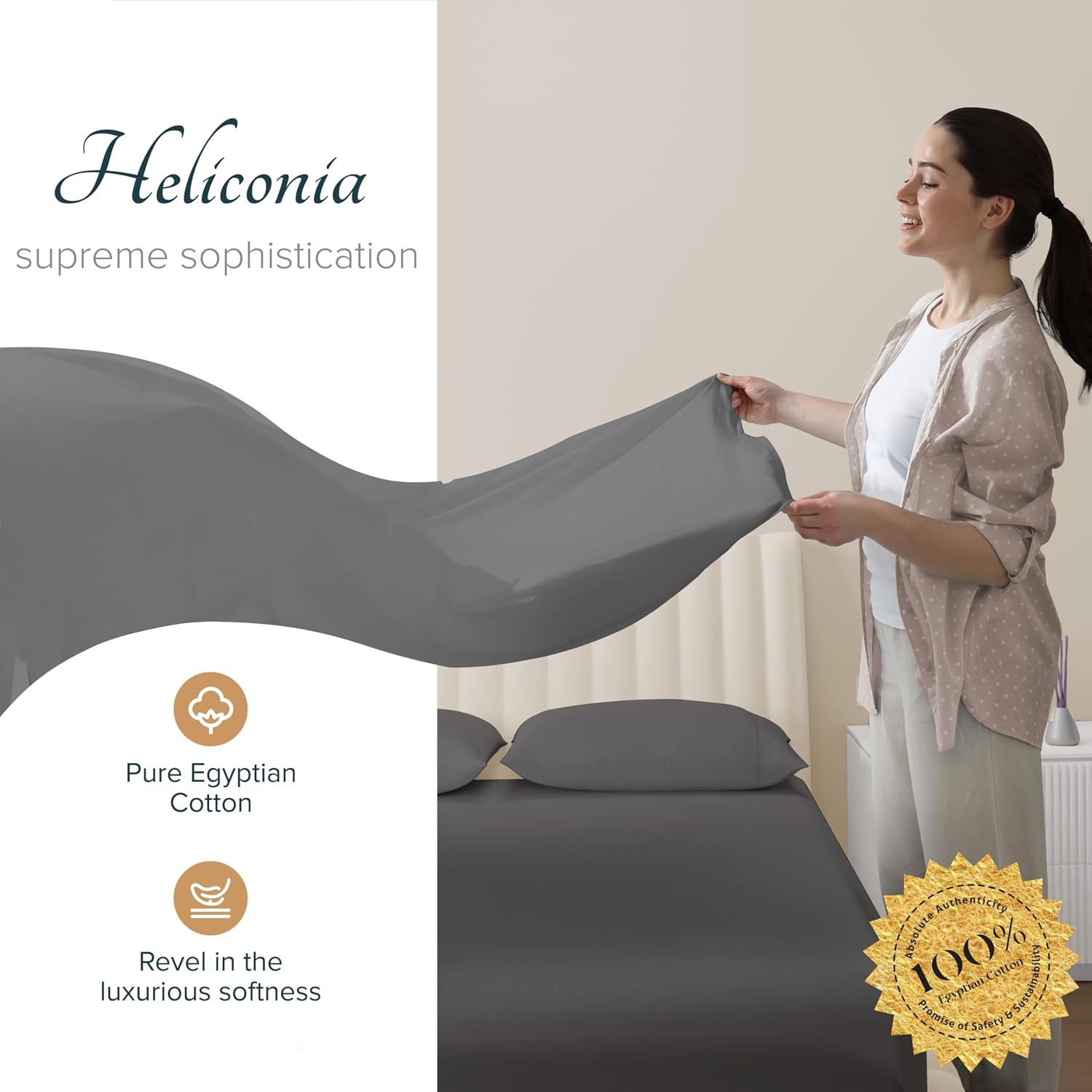 Carressa Linen 100% Egyptian Cotton Sheets California King Size - Luxury 1500 Series Heliconia Collection Egyptian Cotton Cal King Sheet Set (4 PC, Dark Grey), Cooling Sateen Hotel Quality Sheets