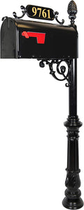 Charleston Mailbox & Post System – Black Rust Resistant Mailbox – Includes Address Plaque, Numbers, Scroll & Mounting Hardware (Large)