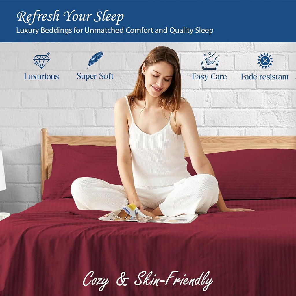 Luxury 1800 Thread Count Heavy Egyptian Cotton 6-PCs Sheet Set (1 Fitted, 1 Flat, 4 Pillowcase) Fits Mattress 21-24'' Fully Elastic Deep Pocket (King Size) (Stripe, Burgundy)