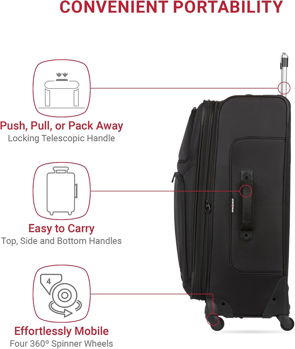 SWISSGEAR Sion Softside Expandable Spinner Luggage Durable Lightweight Travel Suitcase, Black, 3-Piece Set (Carry-On/Medium/Large)
