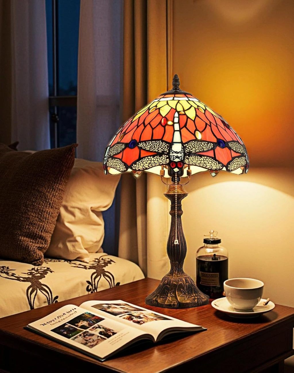 Tiffany Table Lamp, 12-inch Stained Glass Lamp for Living Room, Dining Room, Bedroom, Study Room, Office (Orange Dragonfly)