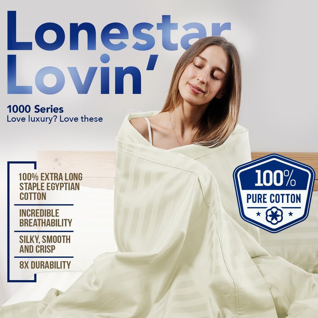 TEXAS LINEN CO. 100% Egyptian Cotton Sheets Queen Size - Luxury 1000 Series Lonestar Lovin' Damask Bed Sheets Queen Size Set (4 PC, Dark Grey Stripe), Cooling, 16' Deep Pocket, Sateen Hotel Sheets