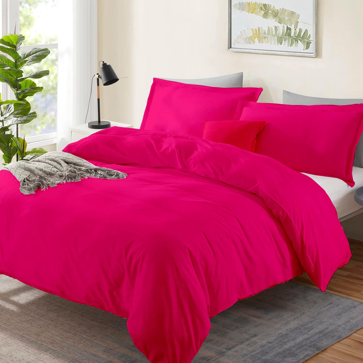 LinenHouse Premium Quality 3-Piece Duvet Cover Set with Zipper Closure & Corner Ties,Solid 1000-TC Ultra Soft Pillow Shams 100% Egyptian Cotton (Alaskan 120x136, Hot Pink)