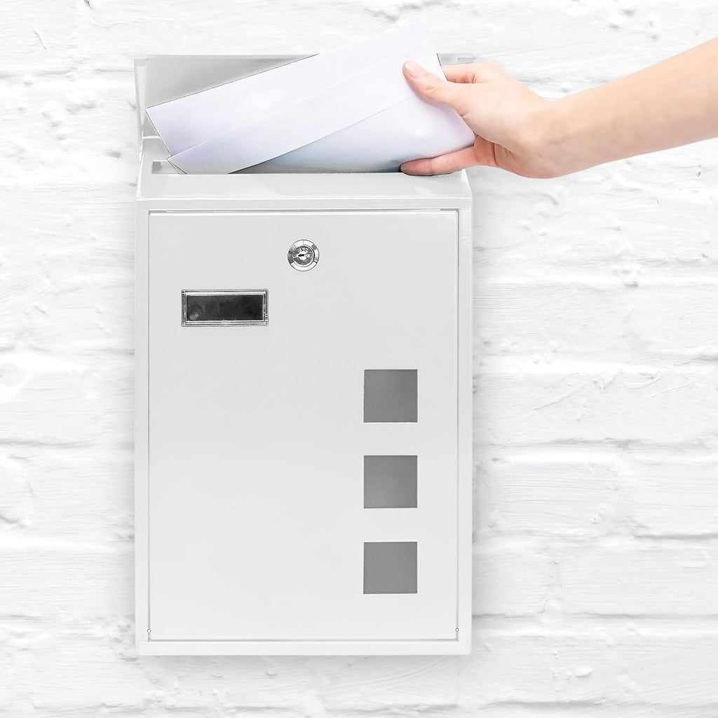 Relaxdays Design Mailbox/Letterbox Metal 4 Colours 3 Viewing Windows 25x40 cm Post Mail Secure, White