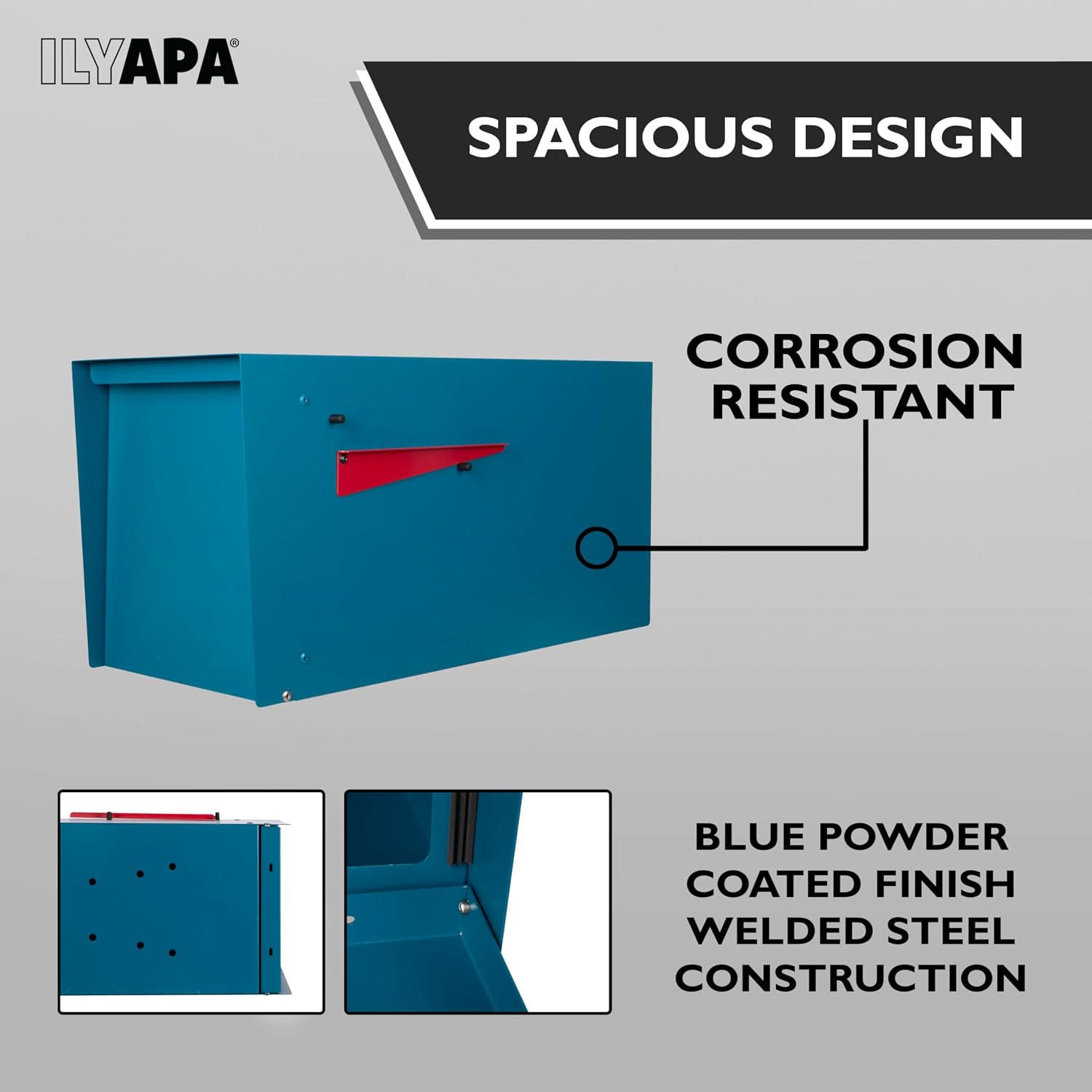 Ilyapa Modern Mailbox for Outside Post Mount - Blue Powder Coated Metal Mailbox, Waterproof Letter Box for Parcels, Recessed Magnetic Close Door