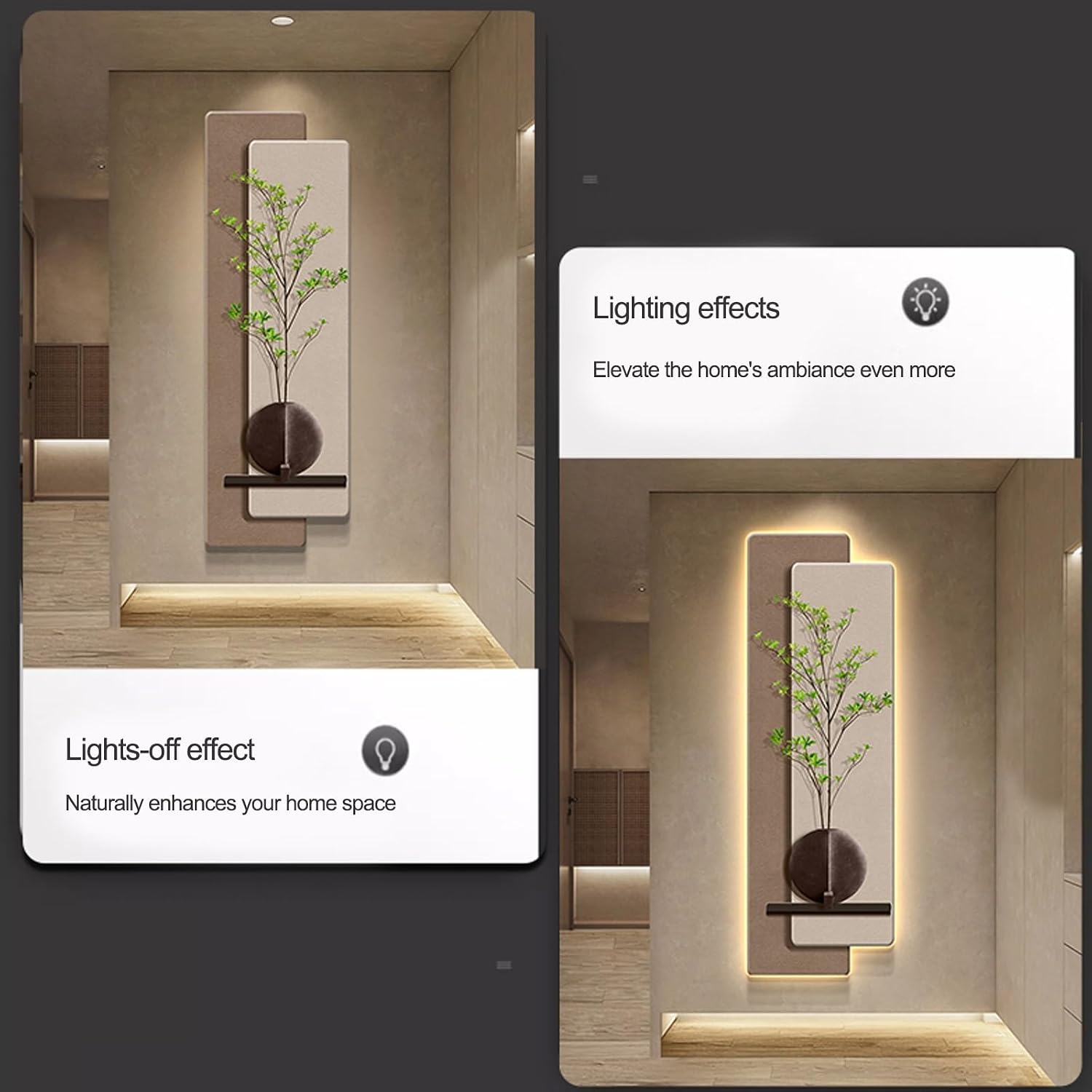 HARELA 3D Art Wall Decor with Led, Wall Sculpture Painting Decor with Fake Plant, Plug-in Power Supply 3D Wall Mural for Home, Restaurant, Hotel(Brown A,35x105cm/13.8x41.3in)