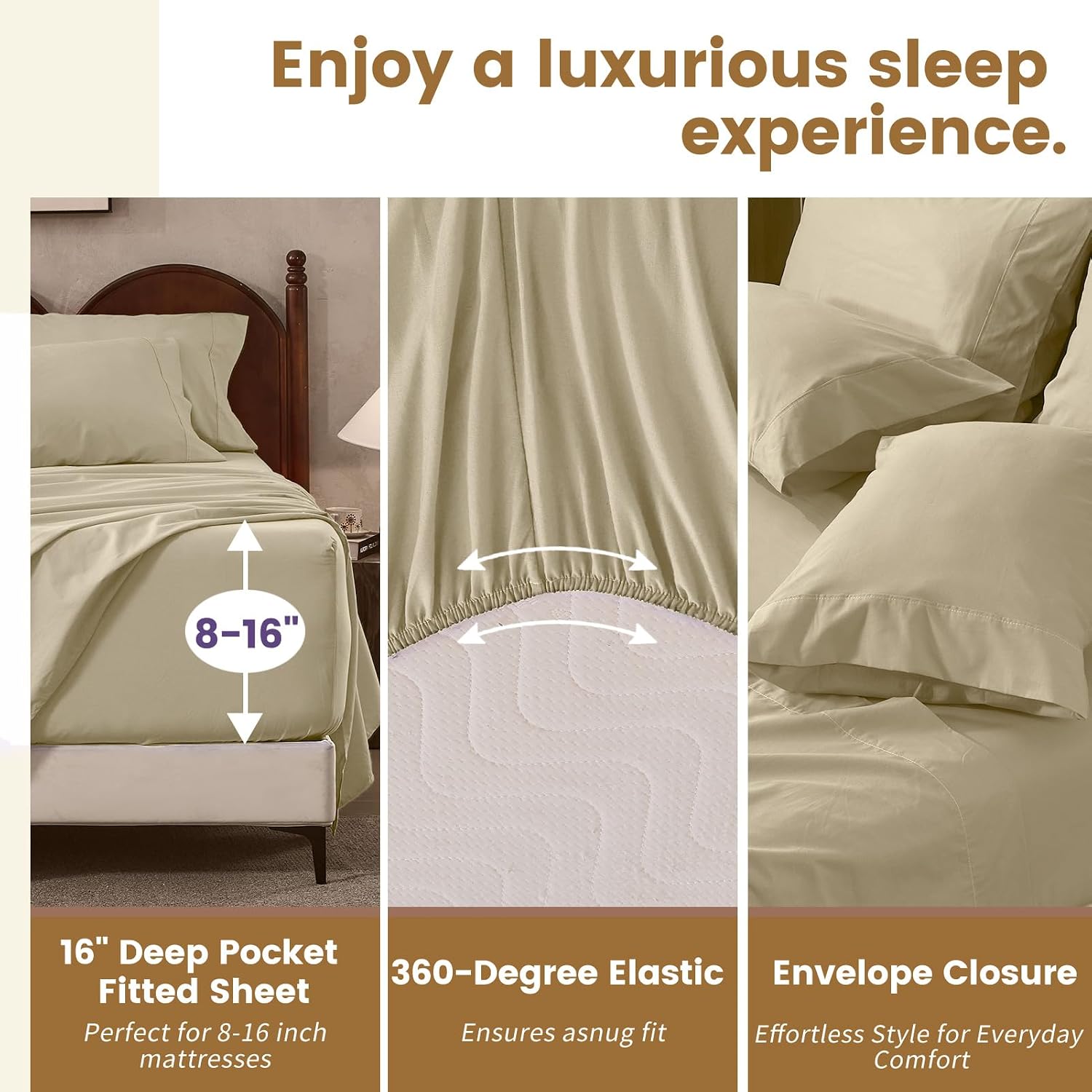 100% Linen Sheets King Size,Breathable & Durable 4-Piece Bed Flax Sheet Set,Soft All-Season Bedding for Hot Sleepers 16' Deep Pocket Oeko-TEX Certified,（King, Brown Taupe）