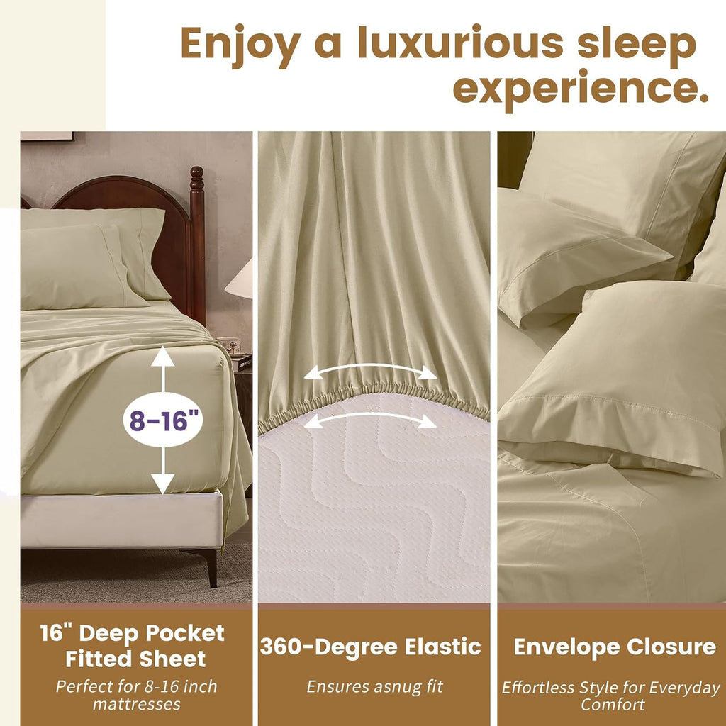 100% Linen Sheets Queen Size,Breathable & Durable 4-Piece Bed Flax Sheet Set,Soft All-Season Bedding for Hot Sleepers 16' Deep Pocket Oeko-TEX Certified,（Queen, Brown Taupe）