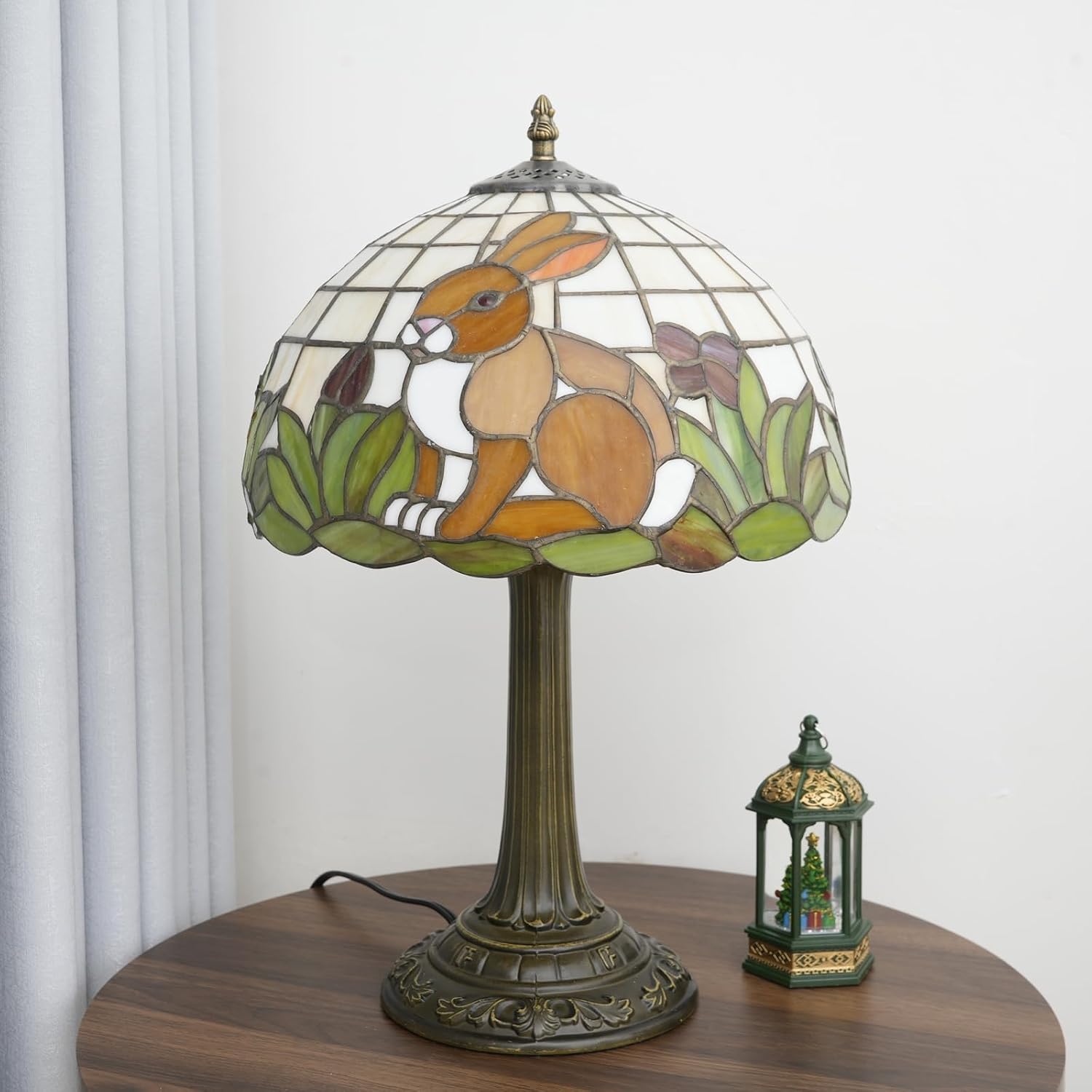Tiffany Style Lamp with Cat Rabbit Stained Glass Lamp 12 Inch Retro Bronze Base Bedside Lamp Bedroom Living Room, Cafe，Restaurant Art Nouveau Style Decorative Child Interest Ambient Light