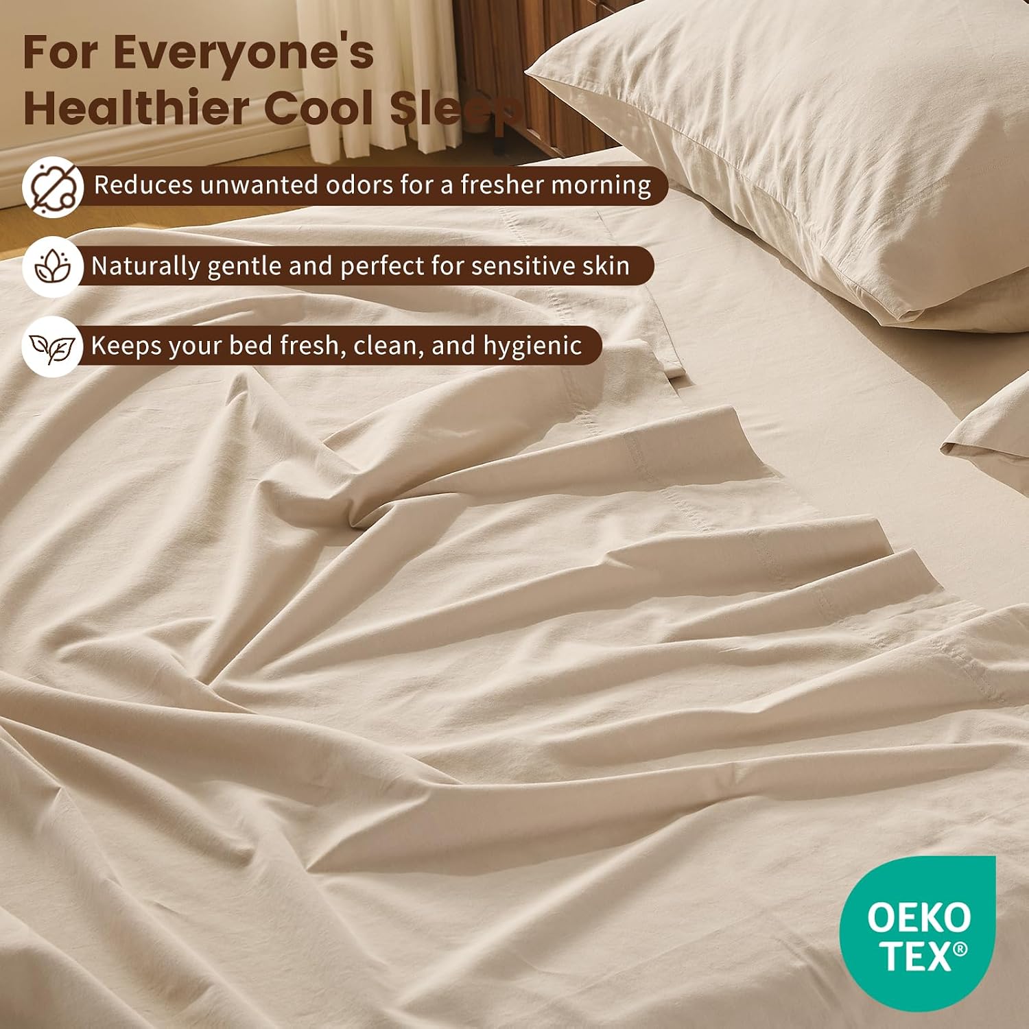 100% Linen Sheet Set Cal King Size Extra Deep Pocket Fits 18-24 Inch Mattress, Breathable & Soft, Smooth 4-Piece Set for Thick Mattresses Hotel Luxury Bedding（Cal King, Linen）