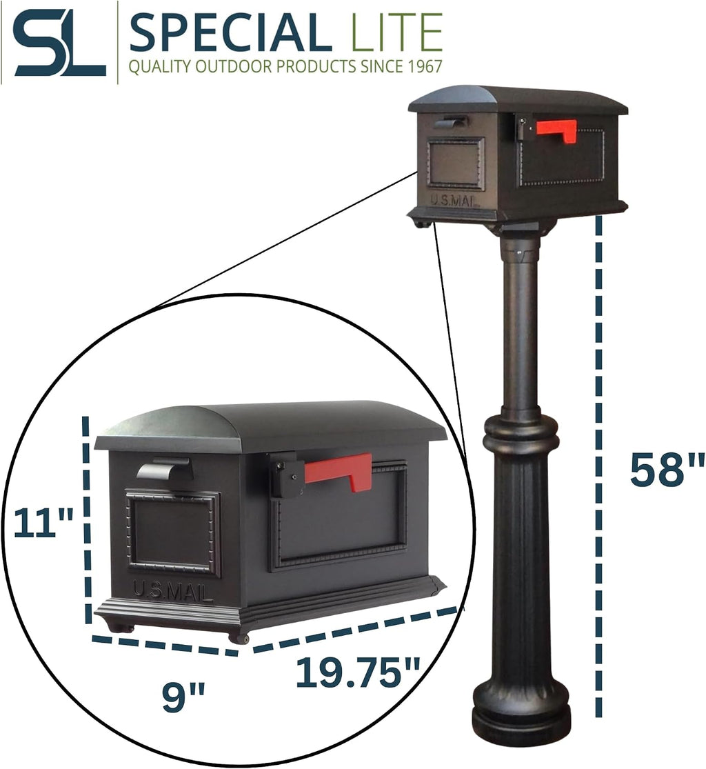 Special Lite Traditional Curbside Mailbox with Bradford Post - Black Aluminum Mailbox with Direct Burial Post - SCT-1010_SPK-590-BLK