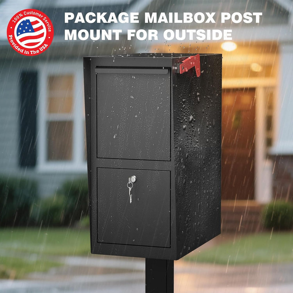 POCHAR Curbside Large Mailbox for Outside with Post - Locking Mailbox Post Mount with Base Plate - Weekend-Away Design Large Street Mail Box(Black)
