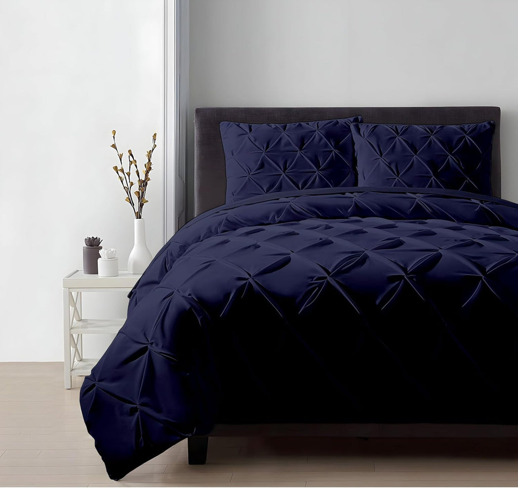 Pinch Duvet Cover Set Oversized Queen Size 1 Duvet Cover with 2 Pillow Shams 3-Pc Comforter Cover with Zipper Closure & Corner Tie 100% Egyptian Cotton Cover (98x98 Inch, Navy Blue)