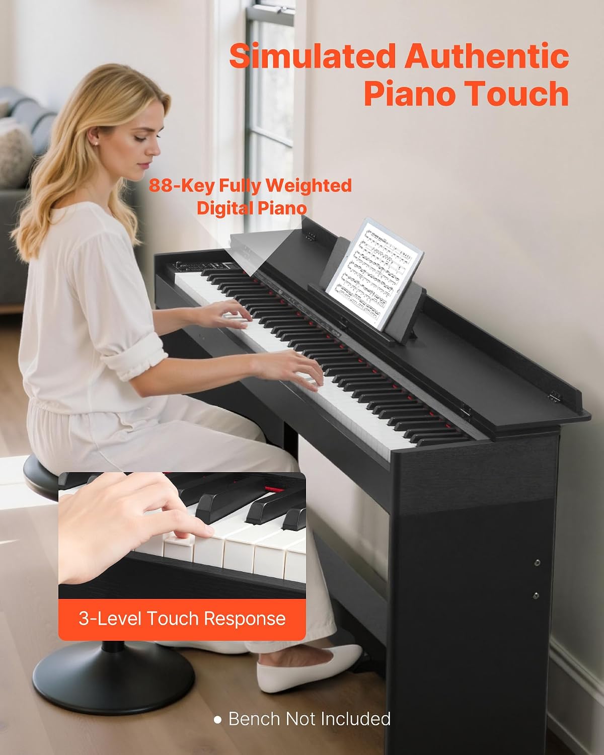 VEVOR Weighted Digital Piano, 88 Keys Fully Weighted, Electric Piano Keyboard with Furniture Stand, Power Adapter, Triple Pedal, 680 Tones, Support Wireless Connection, with Headphones, for Beginners