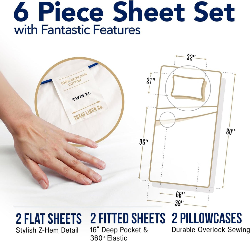 TEXAS LINEN CO. 100% Egyptian Cotton Sheets Twin XL Size Set of 2 - Luxury 1000 Series Lonestar Lovin' Collection Twin XL Sheet Sets (6 PC, White), College Dorm Room 16' Deep Pocket Bed Sheet
