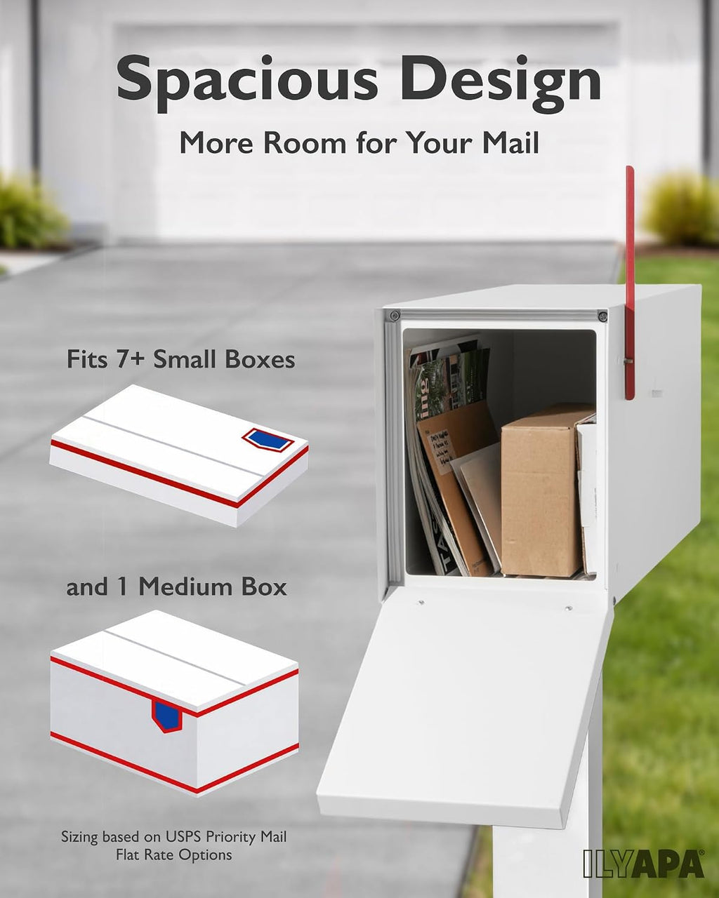 Ilyapa Modern Mailbox Post Mount Mailboxes for Outside - 21x8x10 White Powder Coated Metal Mailbox with Printed Ash Wood Grain Trim - Waterproof for Parcels, Magnetic Close Door