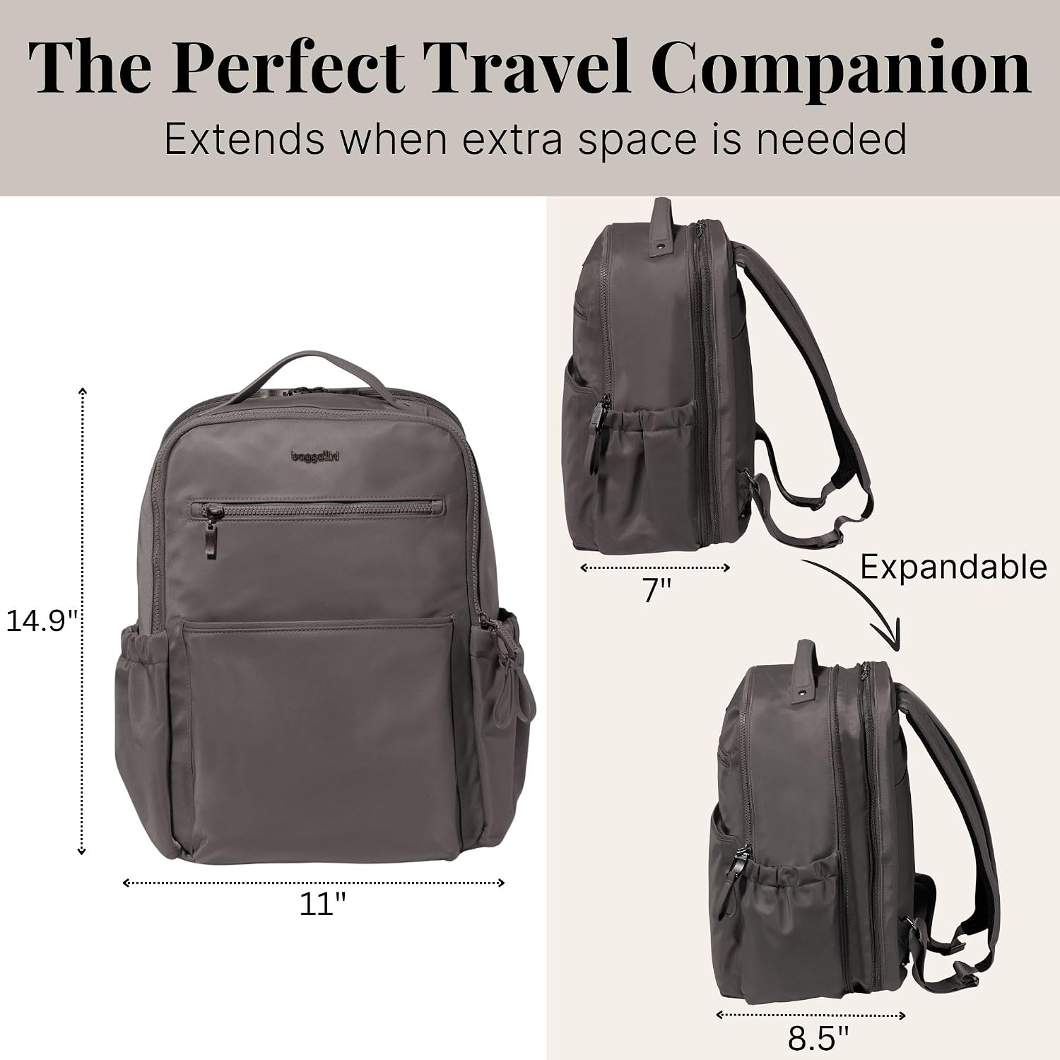 Baggallini Tribeca Expandable Laptop Backpack - 15'x11' Lightweight RFID Computer Bag for Work & Travel with Luggage Sleeve